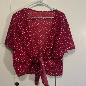 Red with white polkadot front tie shirt
